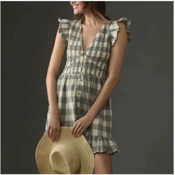 Anthropologie Peregrine Mini Dress. Size Small Grey Plaid Cottagecore Like NEW - Picture 1 of 10